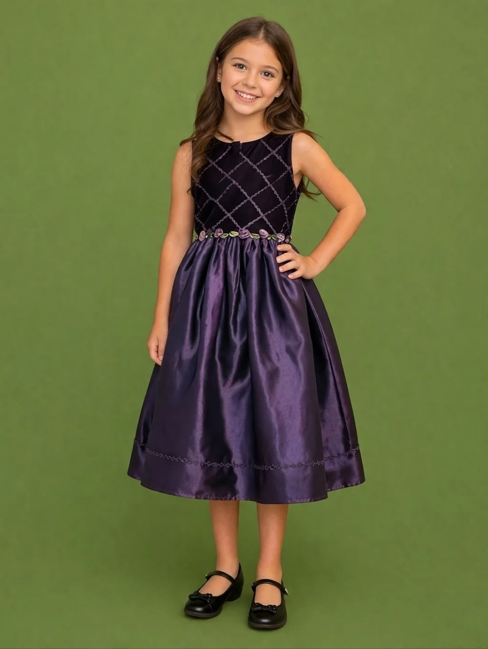 BONNIE JEAN Purple Floral Velvet Chiffon Formal Dress